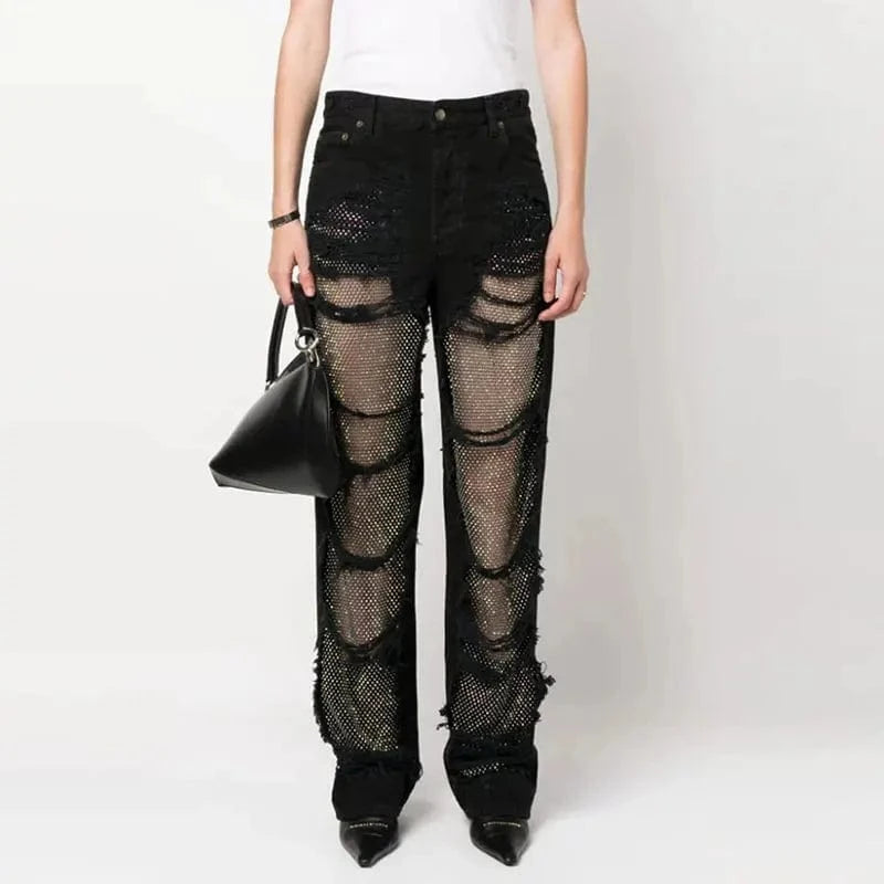 CHICEVER Fashionable Solid Color High Waist Patchwork Mesh Women Pants Jeans Trousers 2023