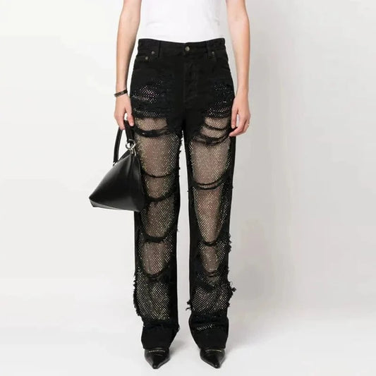 CHICEVER Fashionable Solid Color High Waist Patchwork Mesh Women Pants Jeans Trousers 2023