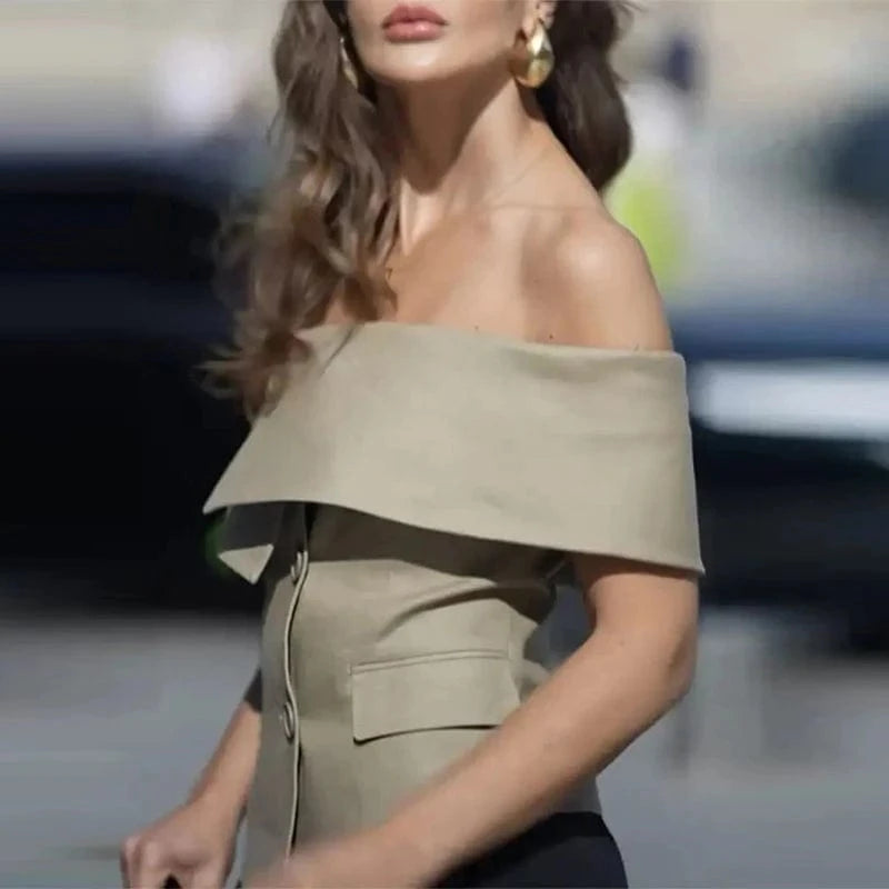 CHICEVER Fashionable Solid Color Slash Neck Short Sleeve Cropped Jackets For Women 2023