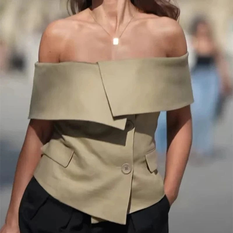 CHICEVER Fashionable Solid Color Slash Neck Short Sleeve Cropped Jackets For Women 2023