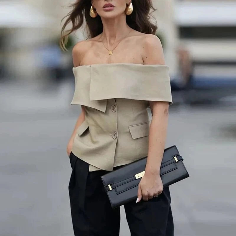 CHICEVER Fashionable Solid Color Slash Neck Short Sleeve Cropped Jackets For Women 2023