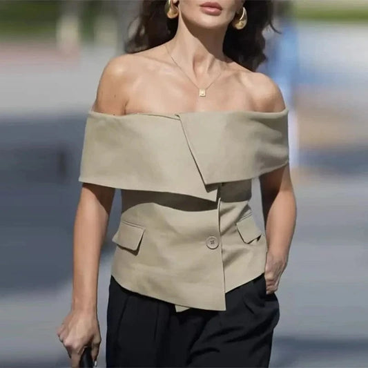 CHICEVER Fashionable Solid Color Slash Neck Short Sleeve Cropped Jackets For Women 2023