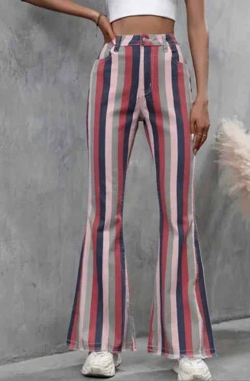 CHICEVER Fashionable Stripe Hit Color Cotton High Waist Wide Leg Women Pants 2023