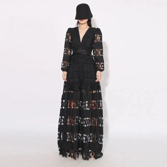 CHICEVER Fashionable V Neck Slim High Waist Long Sleeve Dresses Long Dress For Women