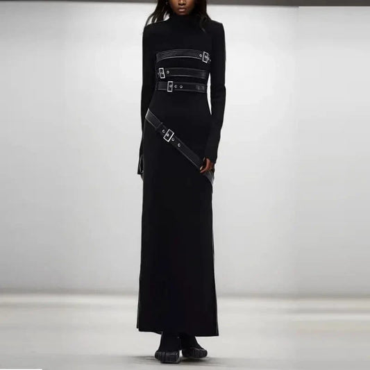 CHICEVER High Quality Patchwork Belt Long Sleeve Solid Color Slim Dresses Long Dress For Women