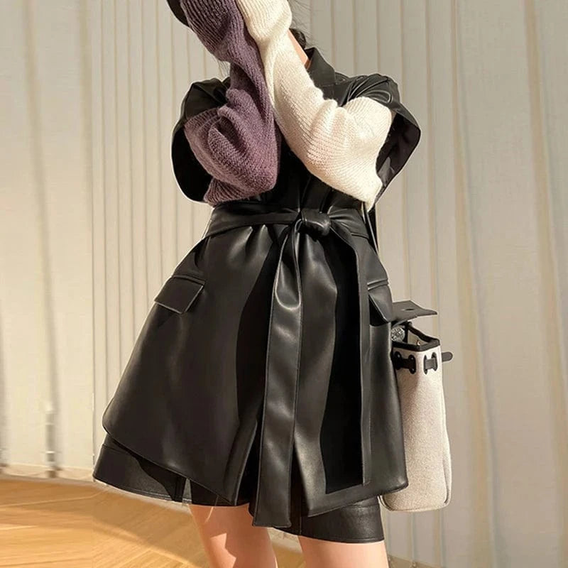 CHICEVER High Quality Solid Color Lapel Long Sleeve Leather Jackets For Women 2023