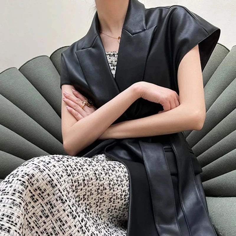 CHICEVER High Quality Solid Color Lapel Long Sleeve Leather Jackets For Women 2023