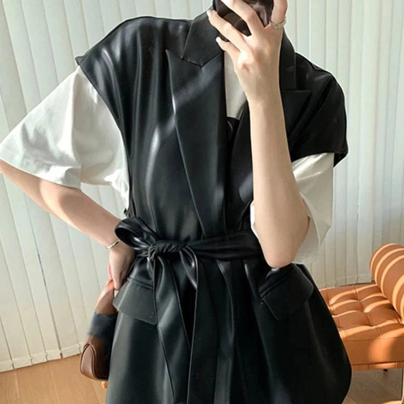 CHICEVER High Quality Solid Color Lapel Long Sleeve Leather Jackets For Women 2023