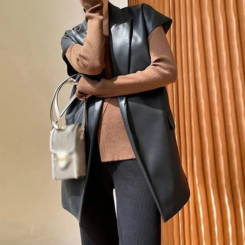 CHICEVER High Quality Solid Color Lapel Long Sleeve Leather Jackets For Women 2023