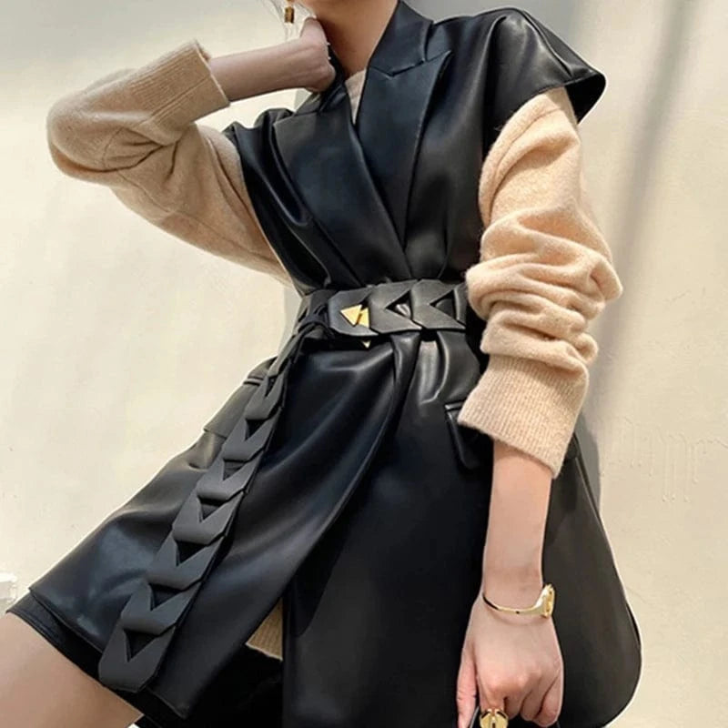 CHICEVER High Quality Solid Color Lapel Long Sleeve Leather Jackets For Women 2023