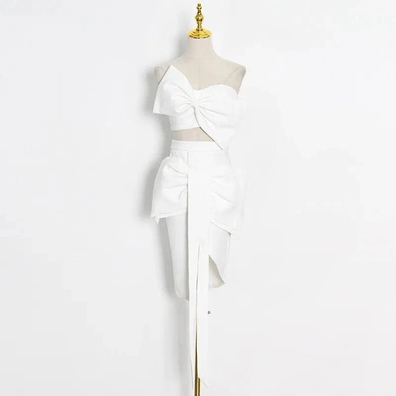 CHICEVER High Quality Solid Color Patchwork Bowknot Top Strapless Women Two Piece Skirt Set