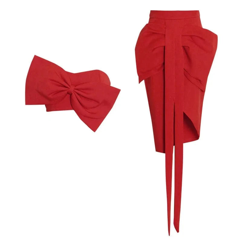 CHICEVER High Quality Solid Color Patchwork Bowknot Top Strapless Women Two Piece Skirt Set