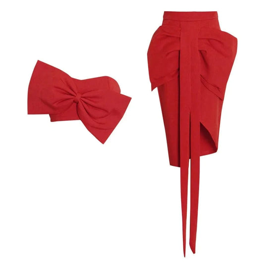 CHICEVER High Quality Solid Color Patchwork Bowknot Top Strapless Women Two Piece Skirt Set
