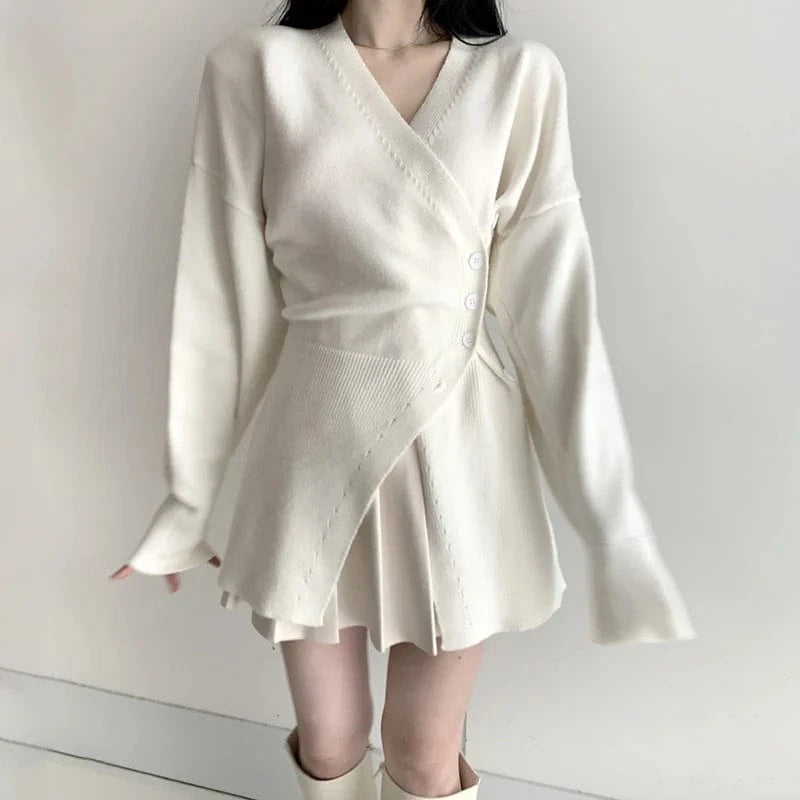 CHICEVER High Quality Solid Color V Neck Long Sleeve Women Cardigan Knitted Sweater 2023