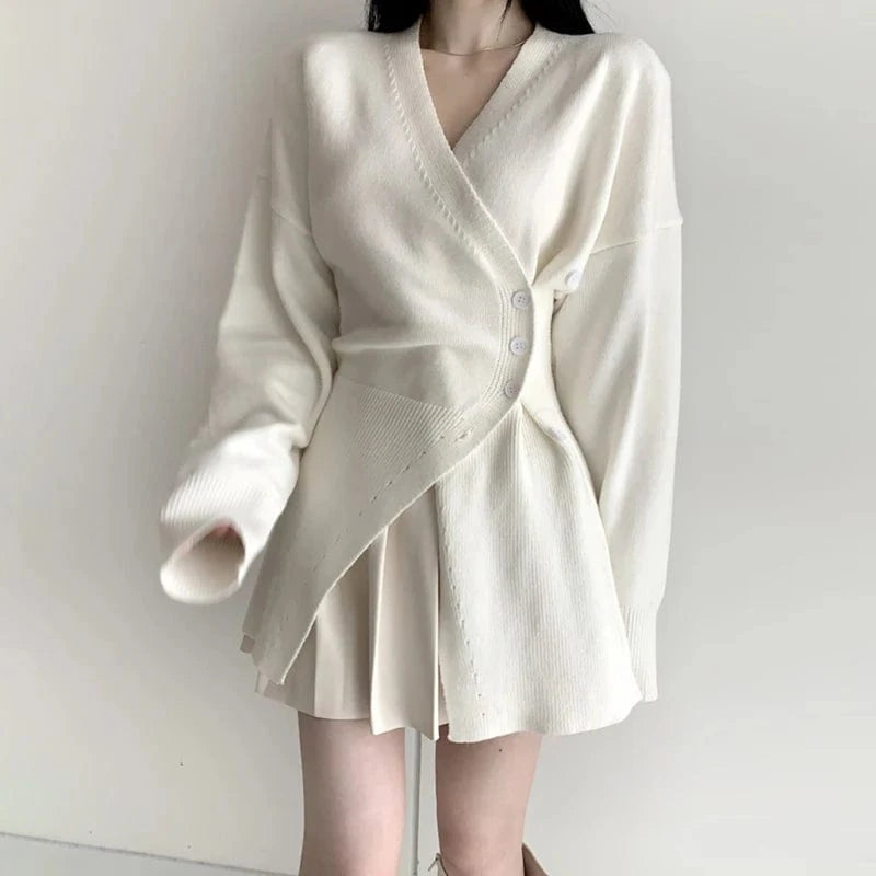 CHICEVER High Quality Solid Color V Neck Long Sleeve Women Cardigan Knitted Sweater 2023