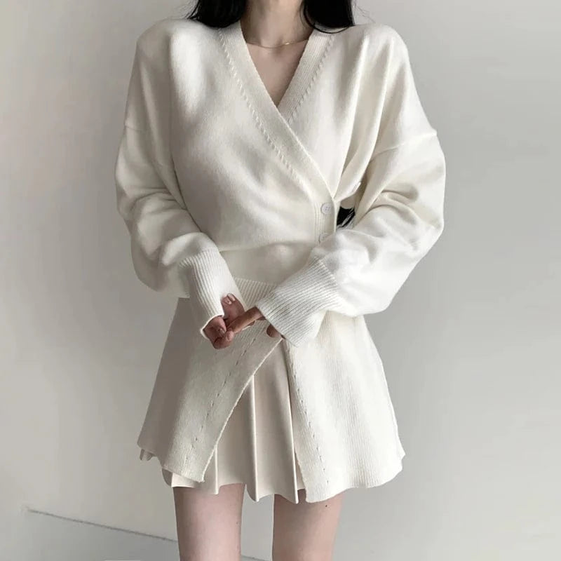 CHICEVER High Quality Solid Color V Neck Long Sleeve Women Cardigan Knitted Sweater 2023