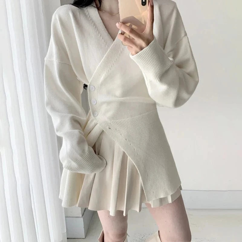 CHICEVER High Quality Solid Color V Neck Long Sleeve Women Cardigan Knitted Sweater 2023