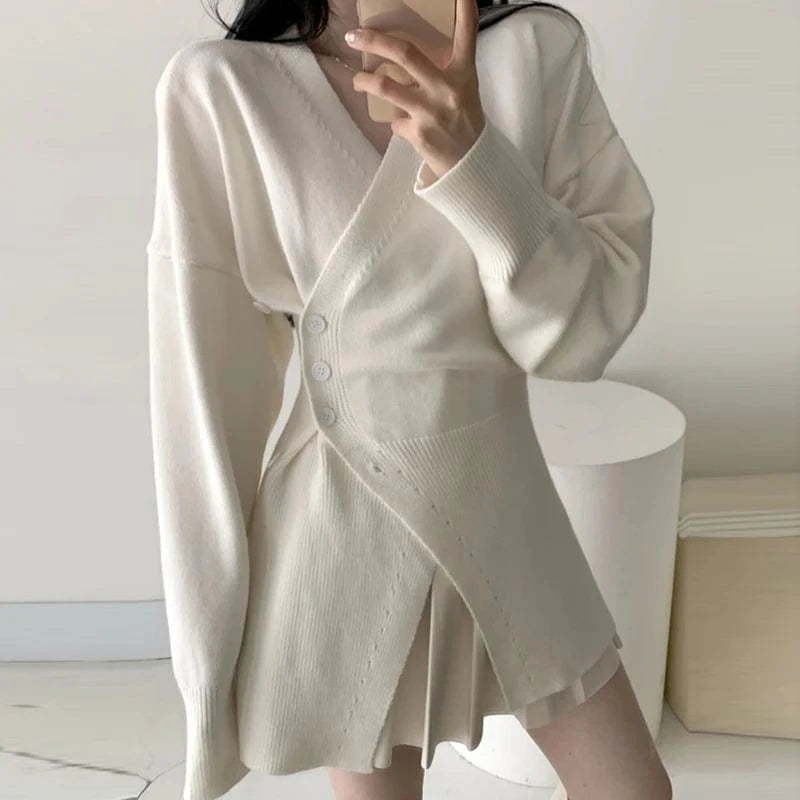 CHICEVER High Quality Solid Color V Neck Long Sleeve Women Cardigan Knitted Sweater 2023