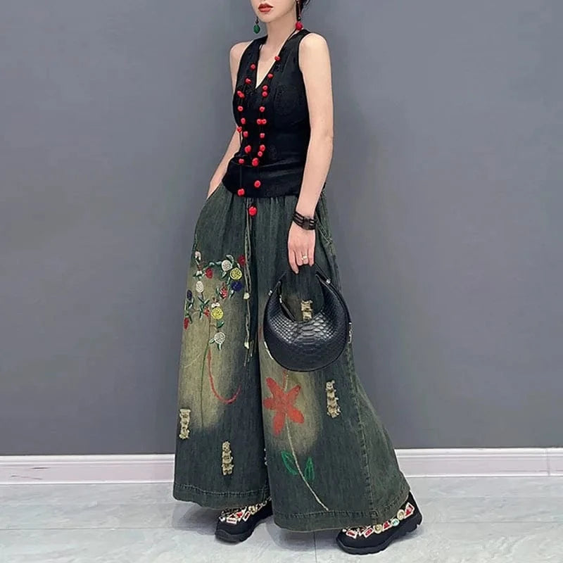 CHICEVER High Waist Embroider Printing Denim High Quality High Waist Jeans For Women 2023