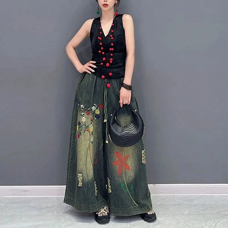 CHICEVER High Waist Embroider Printing Denim High Quality High Waist Jeans For Women 2023
