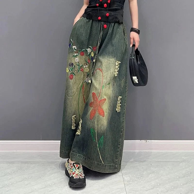CHICEVER High Waist Embroider Printing Denim High Quality High Waist Jeans For Women 2023