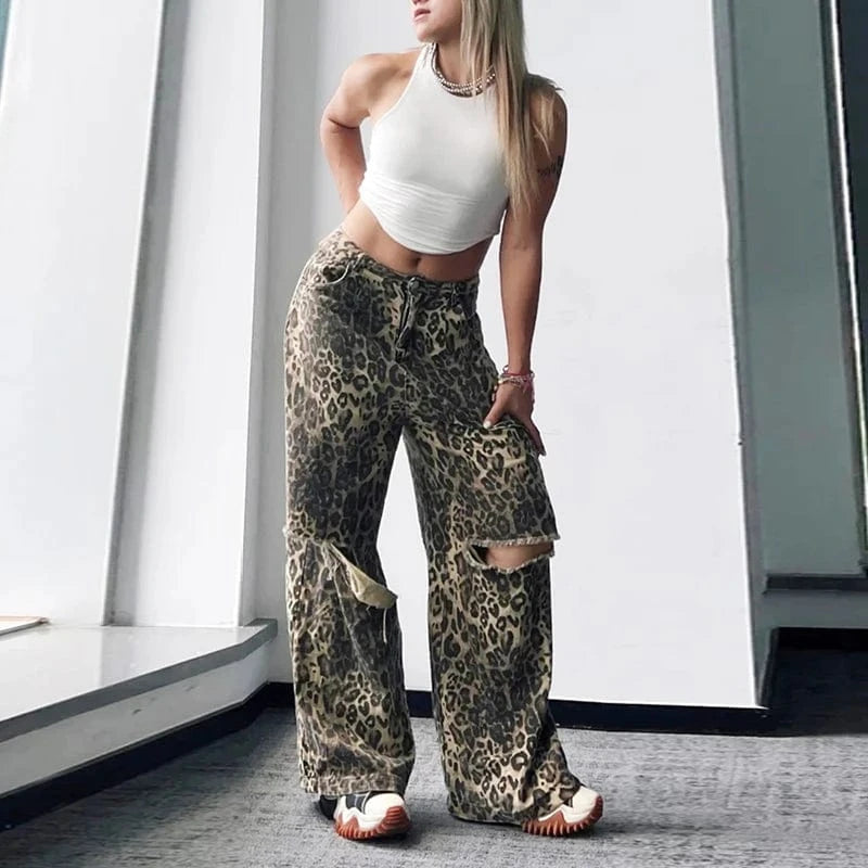 CHICEVER High Waist Patchwork Pocket Hollow Out Colorblock Leopard Print Denim High Waist Women Pants 2023