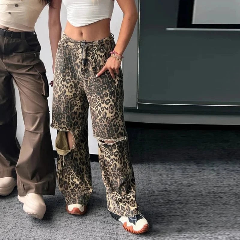 CHICEVER High Waist Patchwork Pocket Hollow Out Colorblock Leopard Print Denim High Waist Women Pants 2023