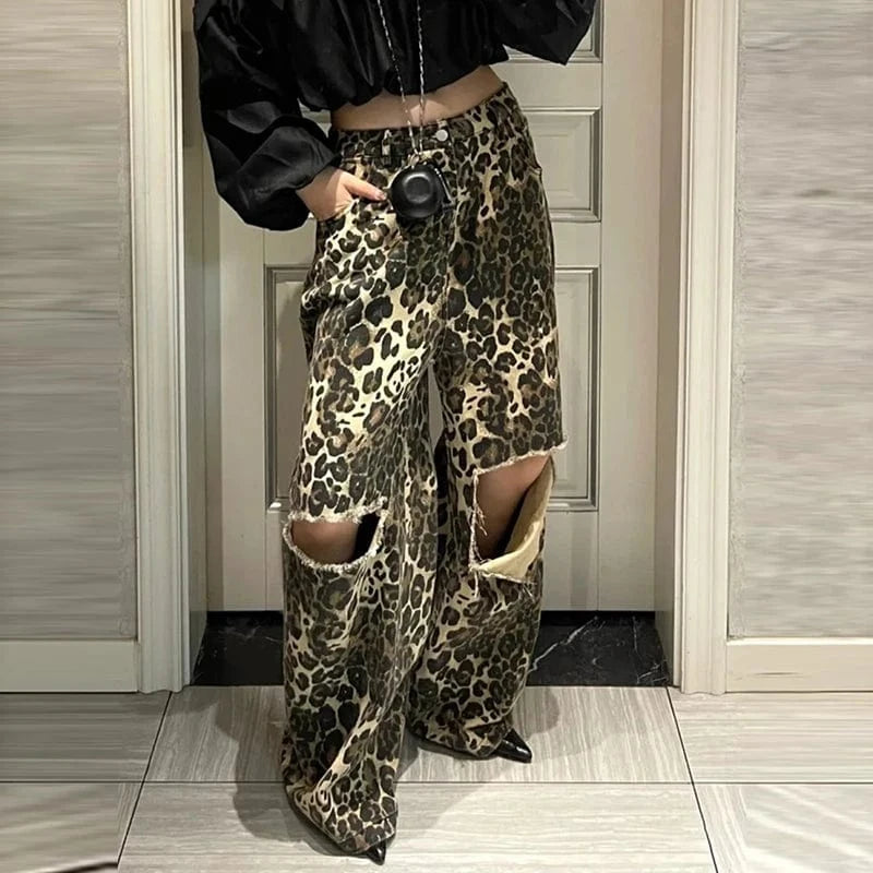 CHICEVER High Waist Patchwork Pocket Hollow Out Colorblock Leopard Print Denim High Waist Women Pants 2023