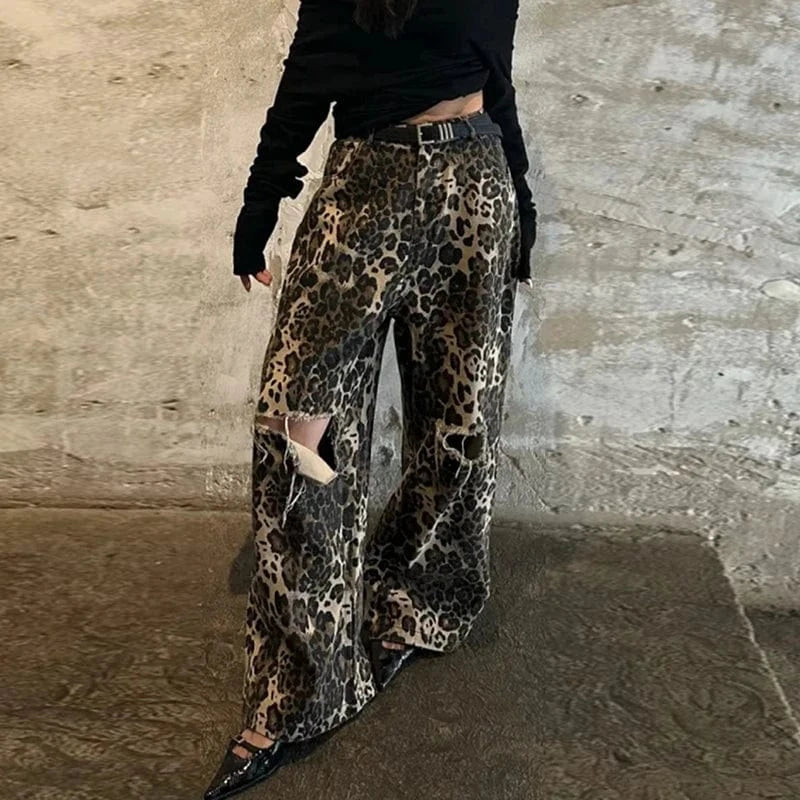 CHICEVER High Waist Patchwork Pocket Hollow Out Colorblock Leopard Print Denim High Waist Women Pants 2023