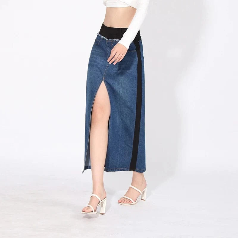 CHICEVER High Waist Patchwork Pockets Colorblock Split Long Skirts Denim Skirt For Women