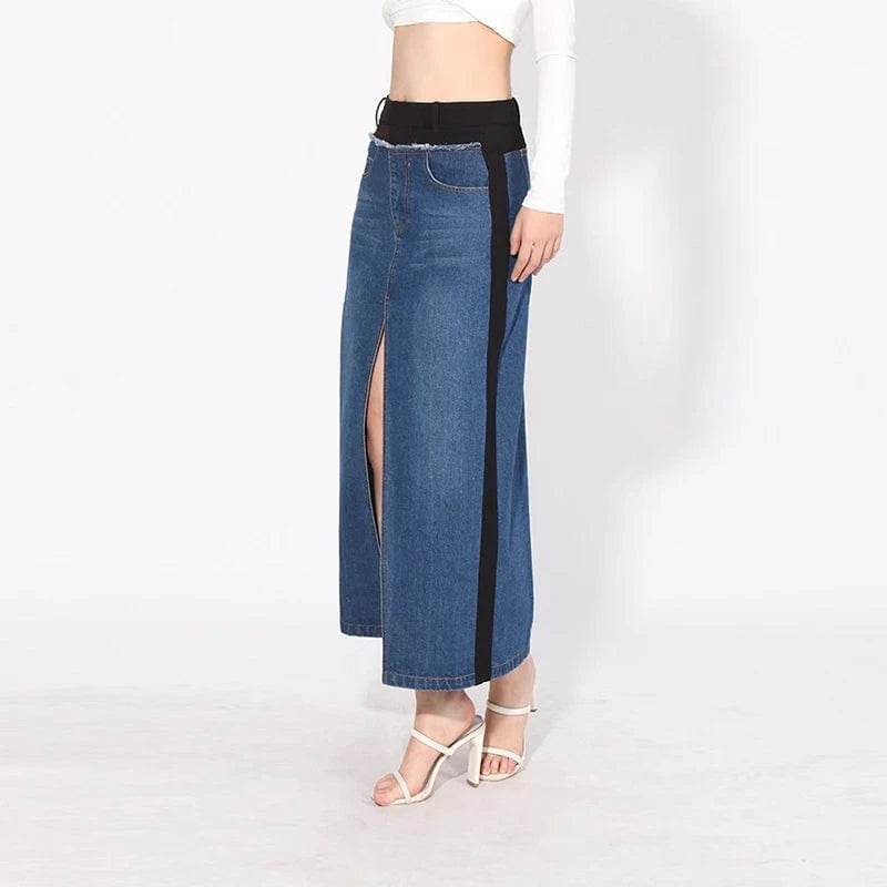 CHICEVER High Waist Patchwork Pockets Colorblock Split Long Skirts Denim Skirt For Women