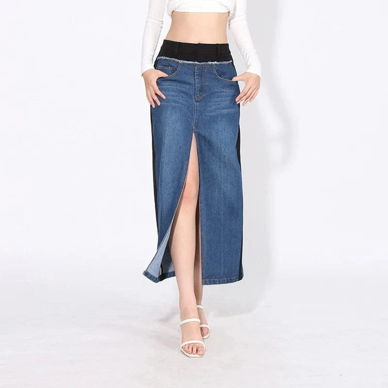 CHICEVER High Waist Patchwork Pockets Colorblock Split Long Skirts Denim Skirt For Women