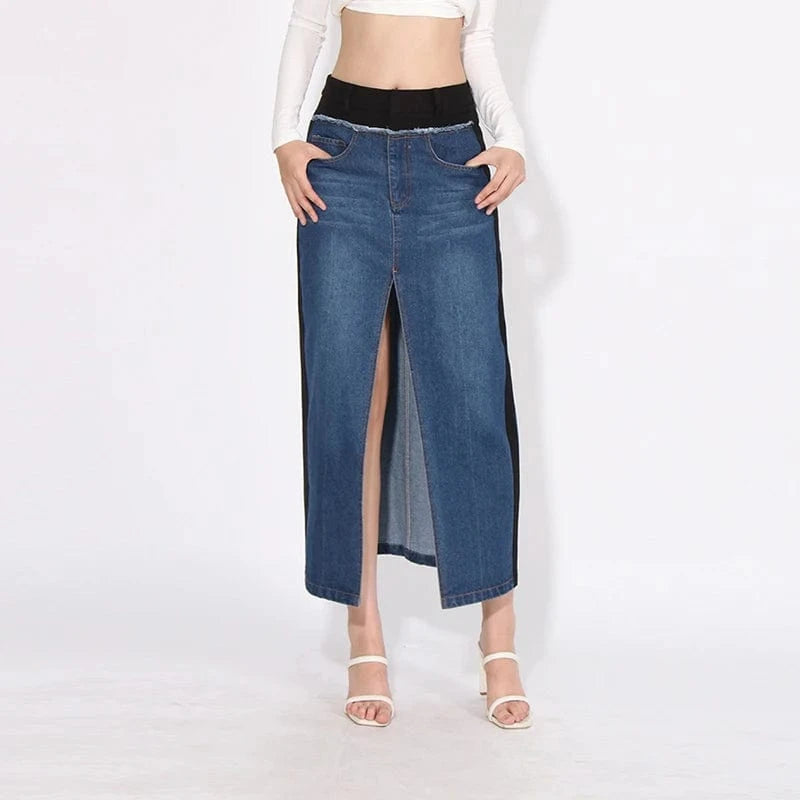 CHICEVER High Waist Patchwork Pockets Colorblock Split Long Skirts Denim Skirt For Women