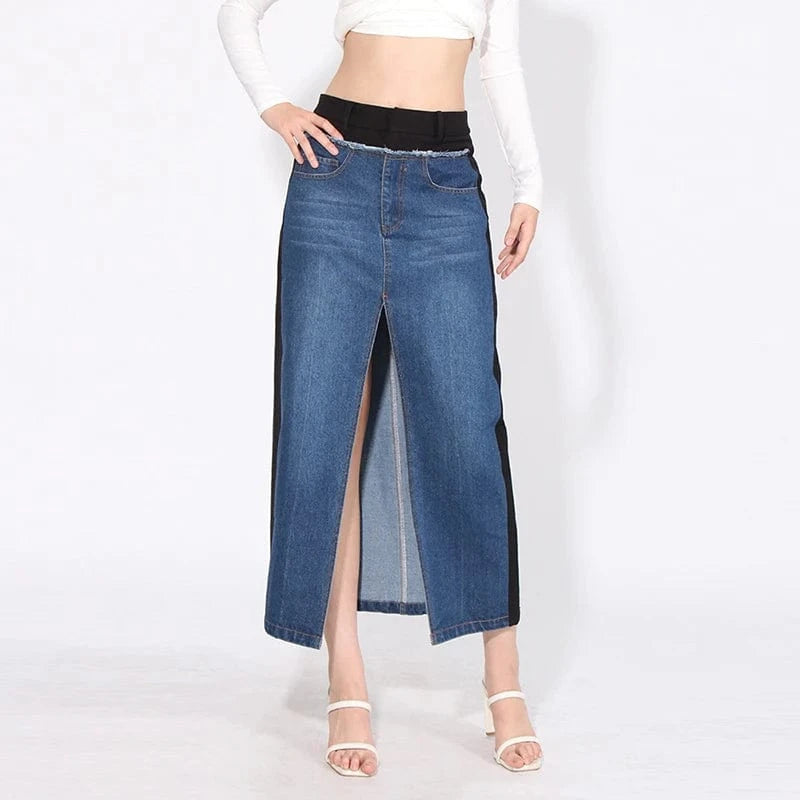 CHICEVER High Waist Patchwork Pockets Colorblock Split Long Skirts Denim Skirt For Women
