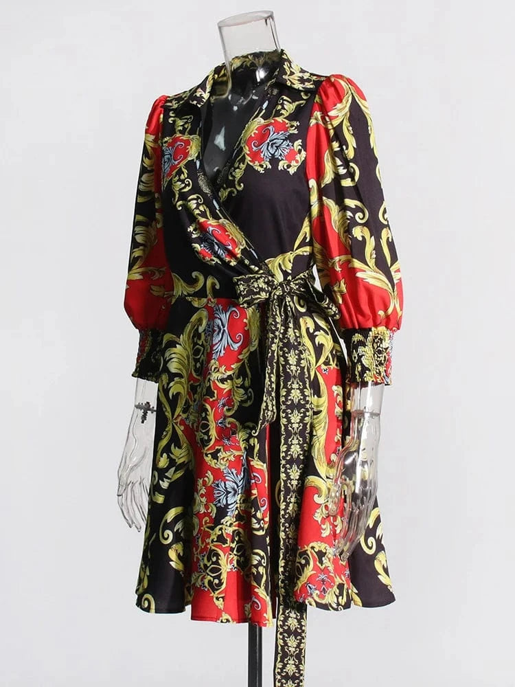 CHICEVER Hit Color Printing High Waist V Neck Slim Dresses Women Long Sleeve Dress