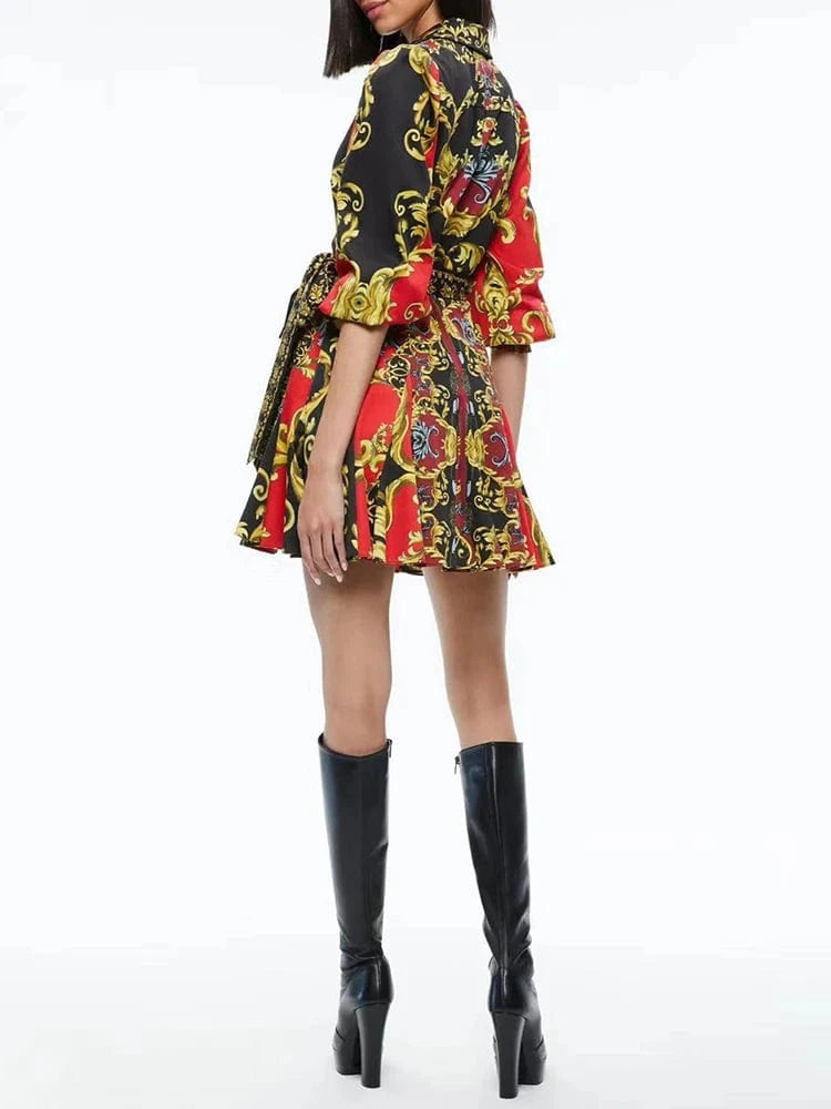 CHICEVER Hit Color Printing High Waist V Neck Slim Dresses Women Long Sleeve Dress