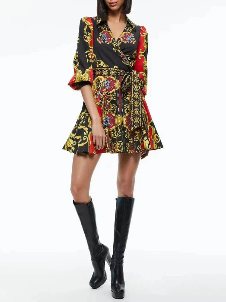 CHICEVER Hit Color Printing High Waist V Neck Slim Dresses Women Long Sleeve Dress