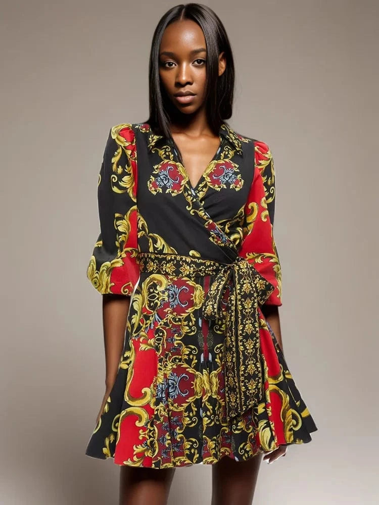 CHICEVER Hit Color Printing High Waist V Neck Slim Dresses Women Long Sleeve Dress
