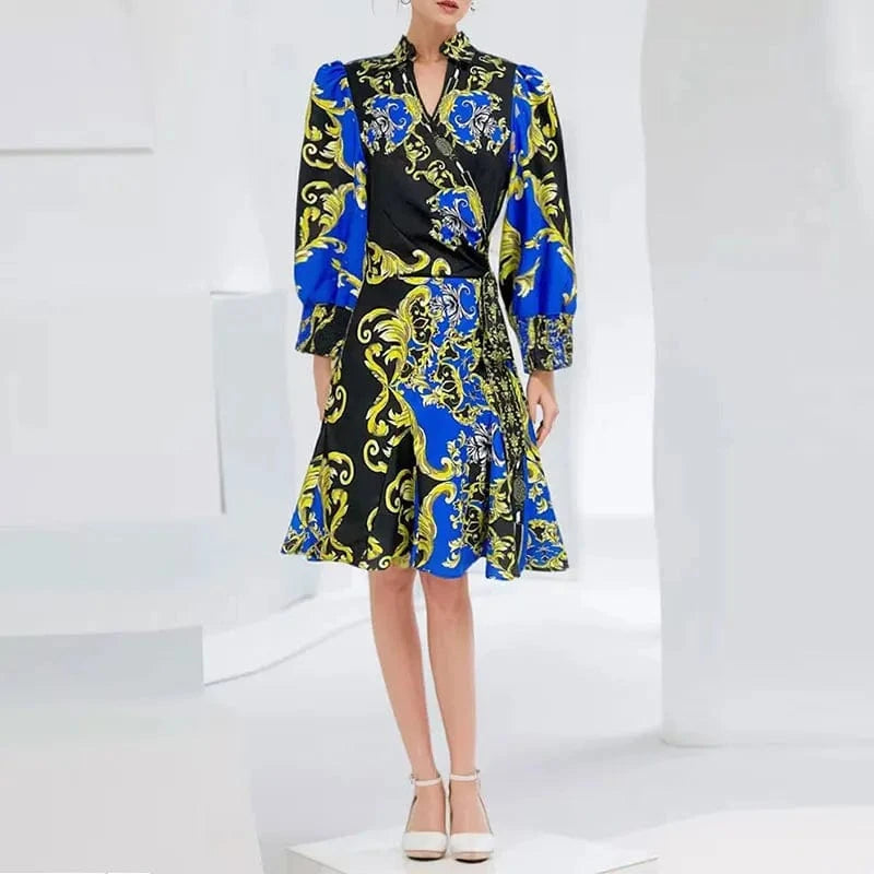 CHICEVER Hit Color Printing High Waist V Neck Slim Dresses Women Long Sleeve Dress