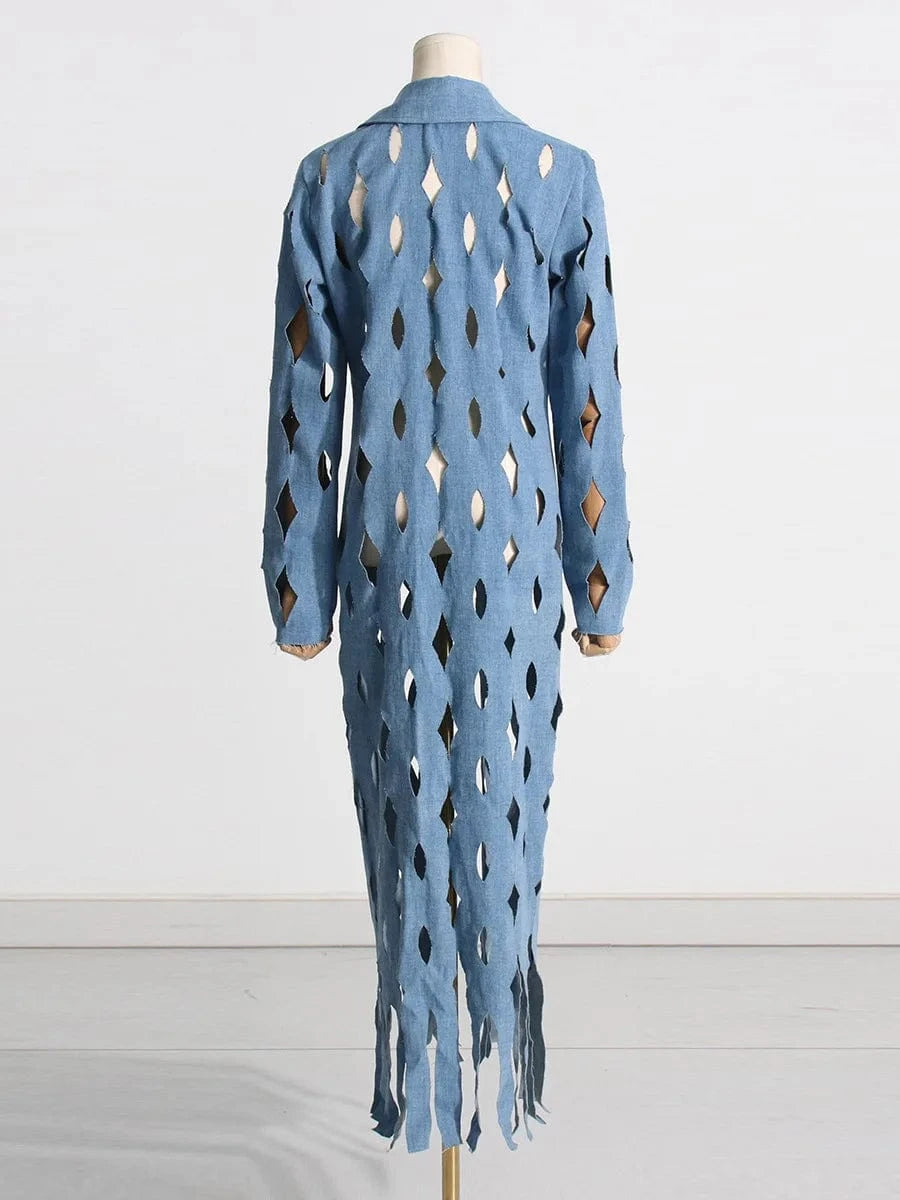 CHICEVER Hollow Out Notched Collar Long Sleeve Long Denim Jackets For Women 2023