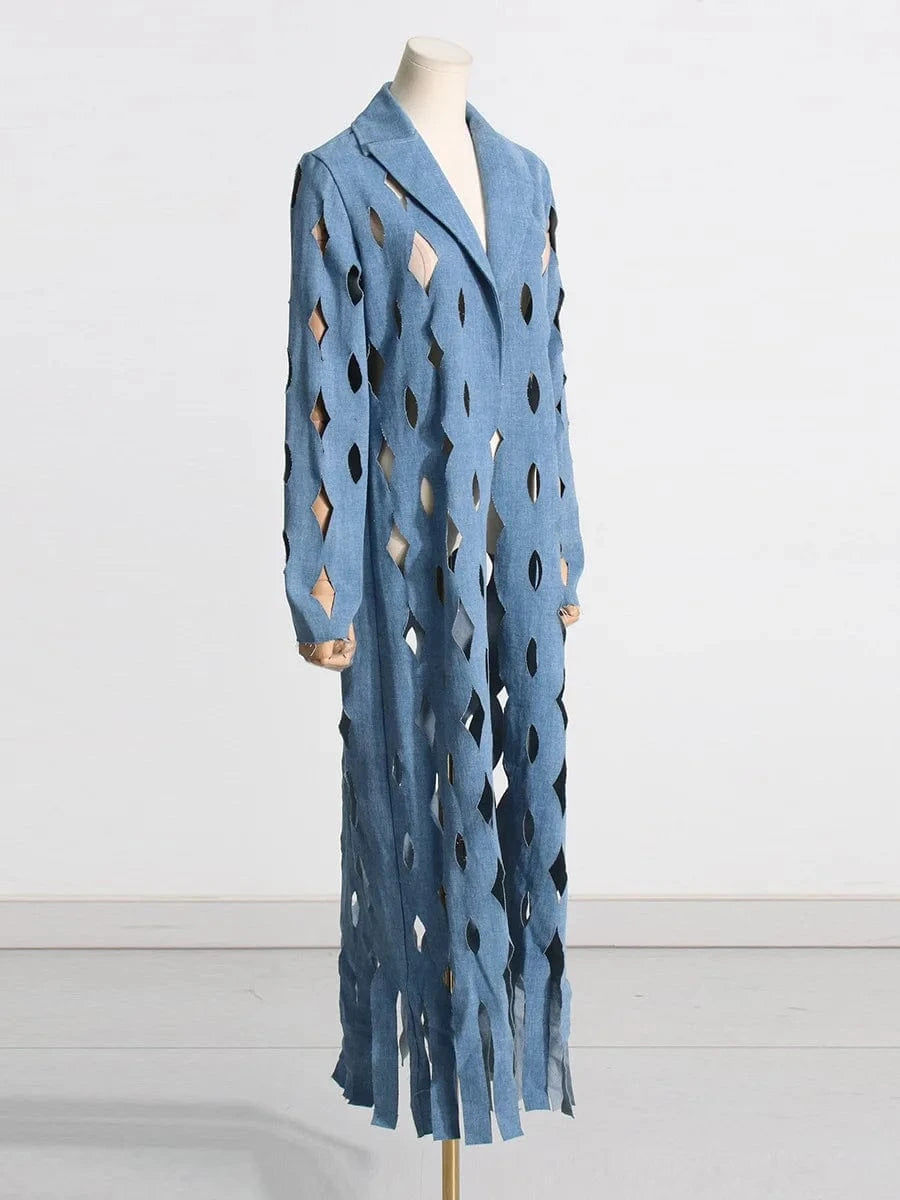 CHICEVER Hollow Out Notched Collar Long Sleeve Long Denim Jackets For Women 2023