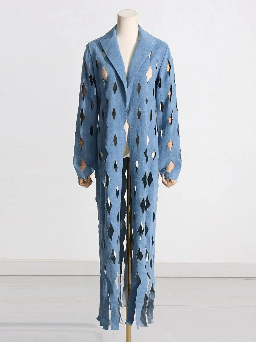 CHICEVER Hollow Out Notched Collar Long Sleeve Long Denim Jackets For Women 2023