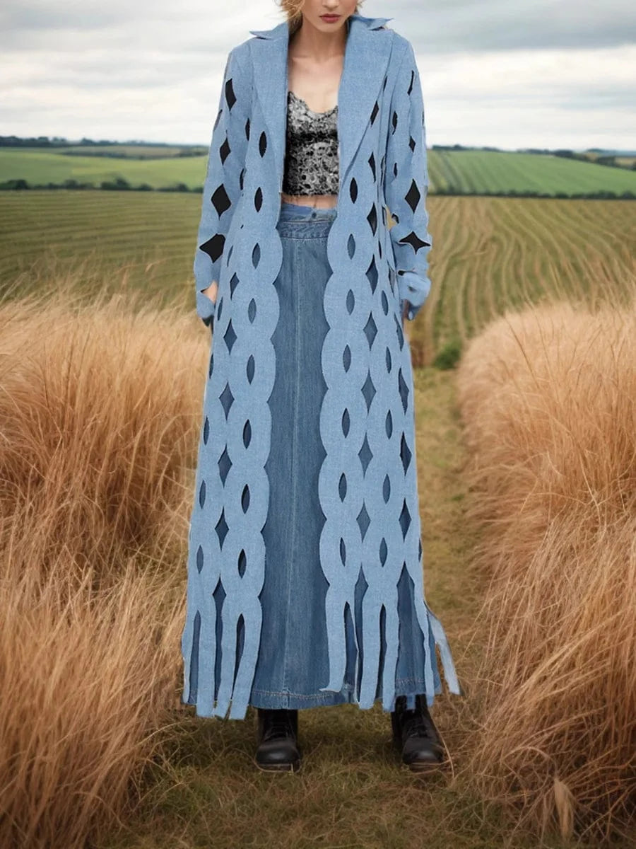 CHICEVER Hollow Out Notched Collar Long Sleeve Long Denim Jackets For Women 2023