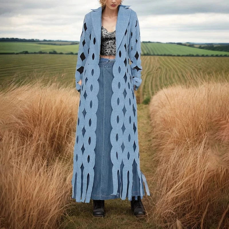 CHICEVER Hollow Out Notched Collar Long Sleeve Long Denim Jackets For Women 2023