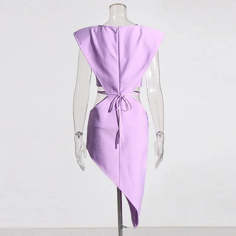 CHICEVER Hollow Out O Neck Sleeveless Patchwork Diamonds Mini Dresses Purple Dress For Women