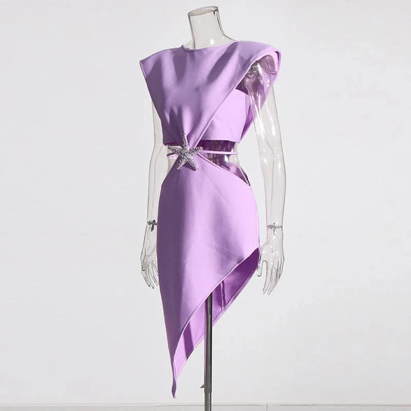 CHICEVER Hollow Out O Neck Sleeveless Patchwork Diamonds Mini Dresses Purple Dress For Women