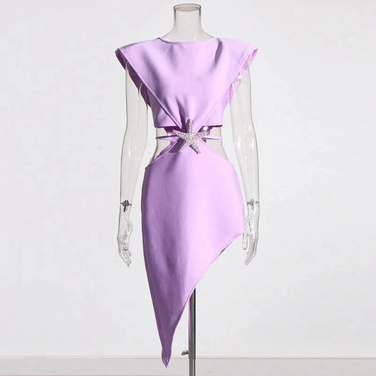 CHICEVER Hollow Out O Neck Sleeveless Patchwork Diamonds Mini Dresses Purple Dress For Women