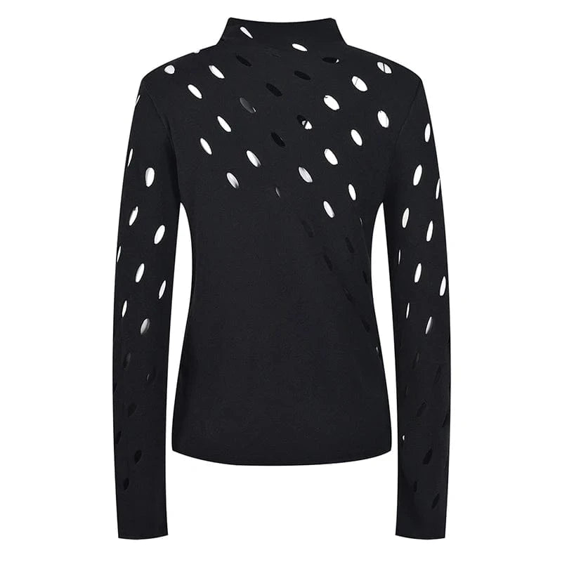 CHICEVER Hollow Out Round Neck Long Sleeve Patchwork Folds Knit Sweaters For Women 2023