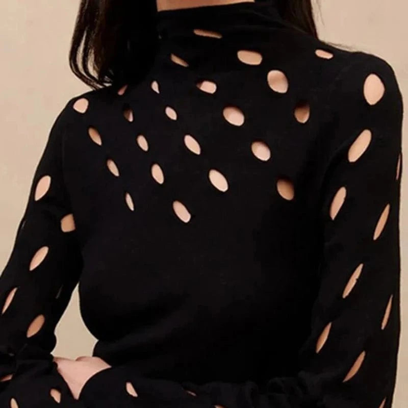 CHICEVER Hollow Out Round Neck Long Sleeve Patchwork Folds Knit Sweaters For Women 2023