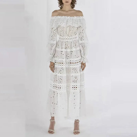 CHICEVER Hollow Out Slash Neck Long Sleeve High Waist Solid Color Long Sleeve Dresses Women Long Dress